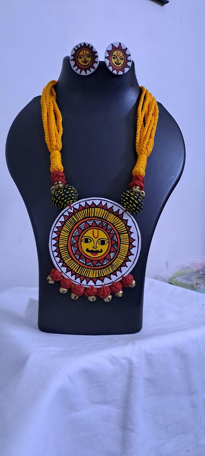Handpainted fabric jewellery set with matching earrings