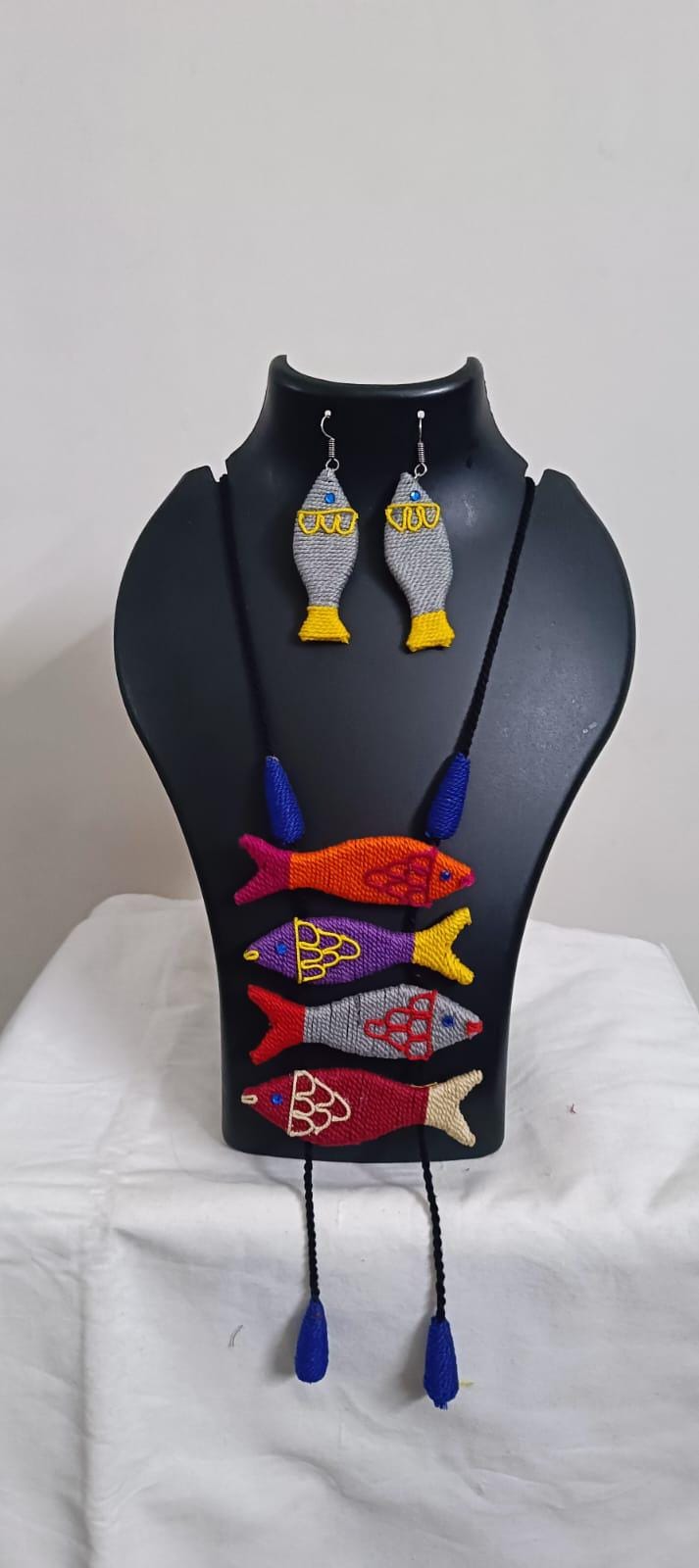 Multi colour crochet thread necklace with fish pendant and matching thread earrings