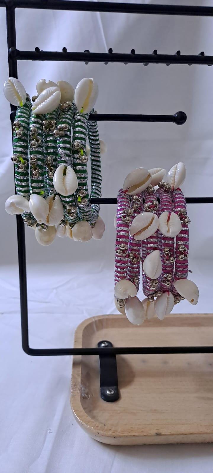 Pink and green colour traditional zari thread and kori bangles (set of 10 bangles)