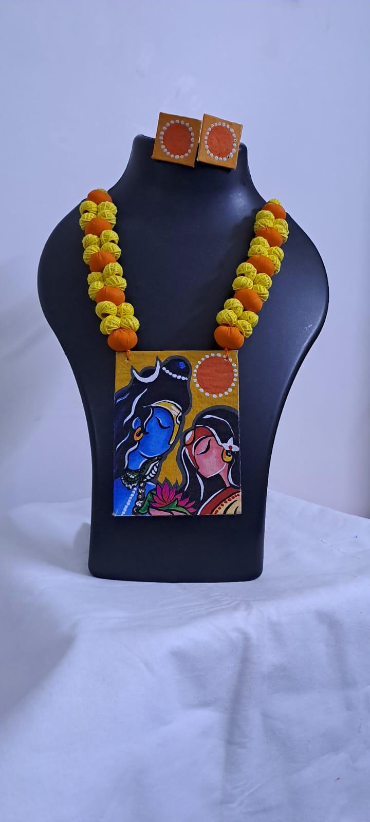 Handpainted fabric jewellery set with matching earrings