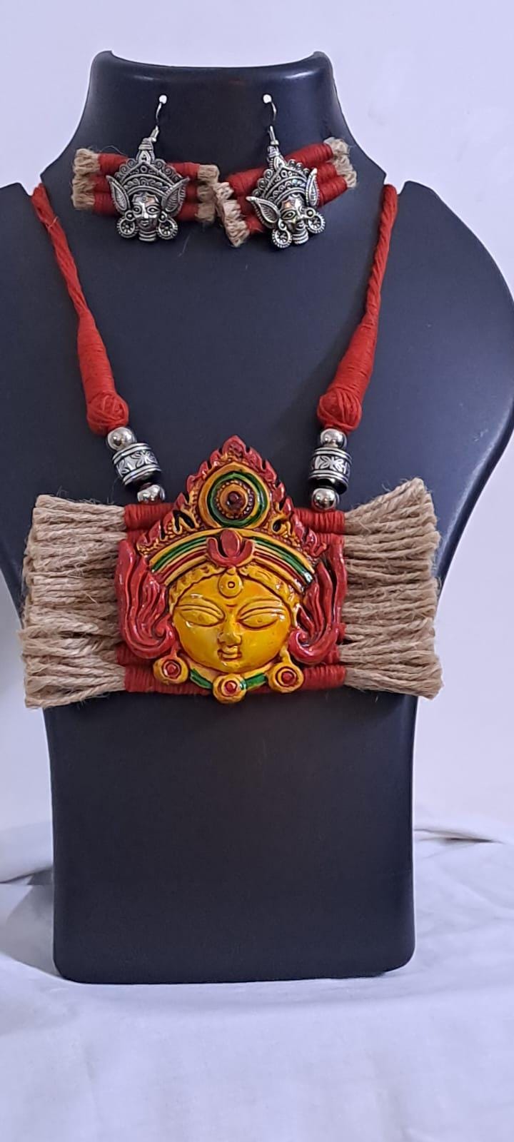 Terracotta Durga pendant jute necklace set with matching earrings