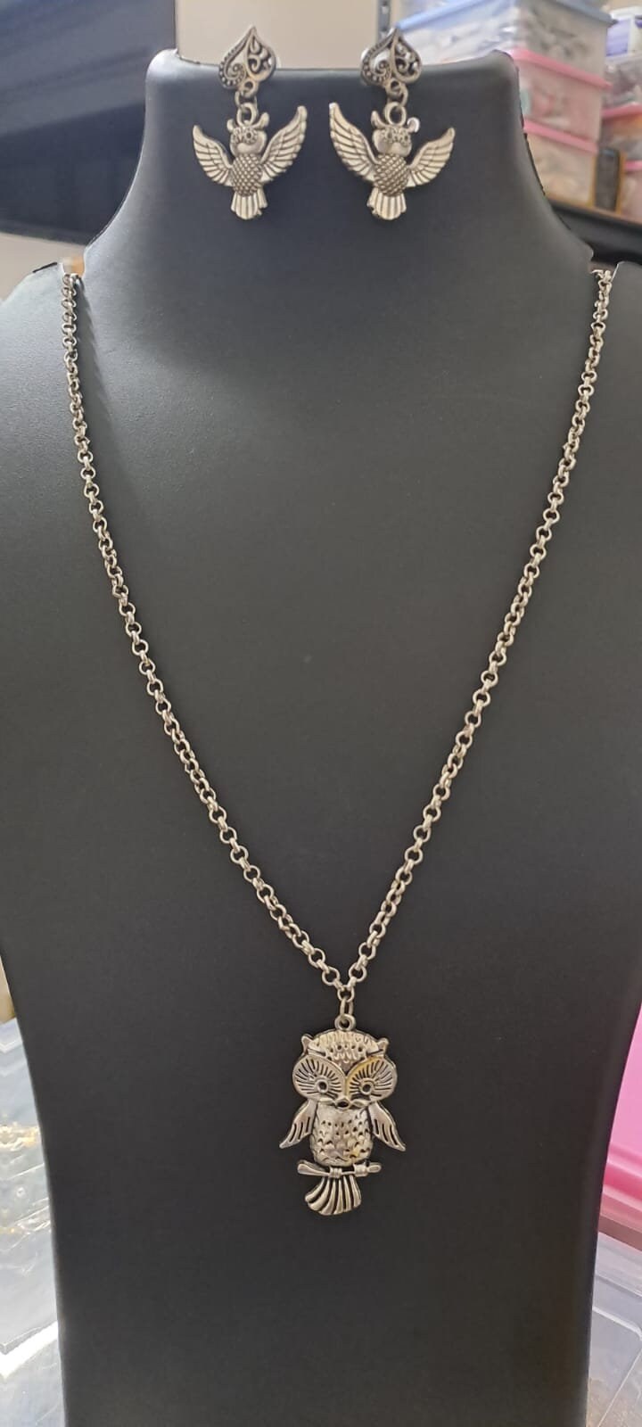 Oxidised silver chain with owl pendant and matching earrings.