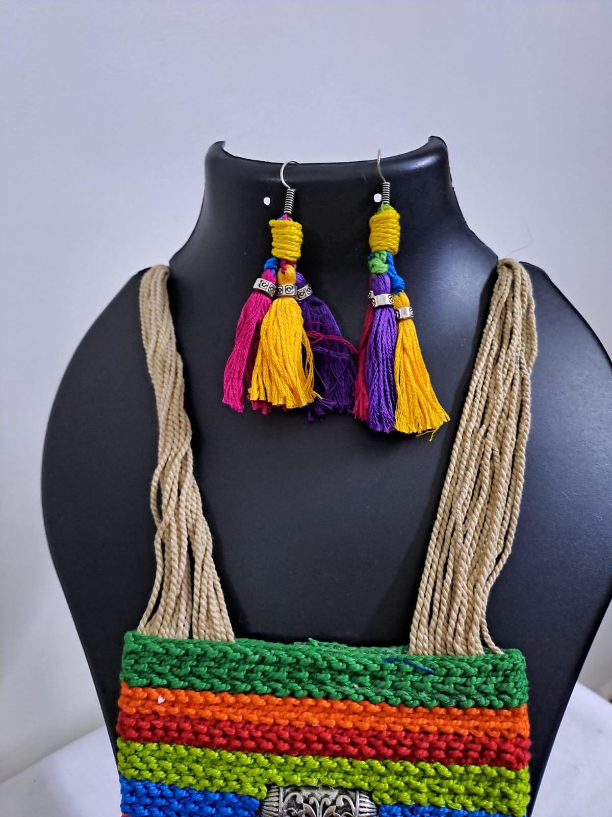 Multi colour crochet thread necklace with thread danglers and matching thread earrings