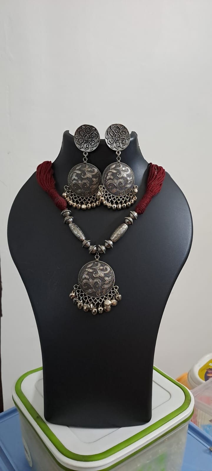 Maroon thread necklace with silver oxidised traditional pendant