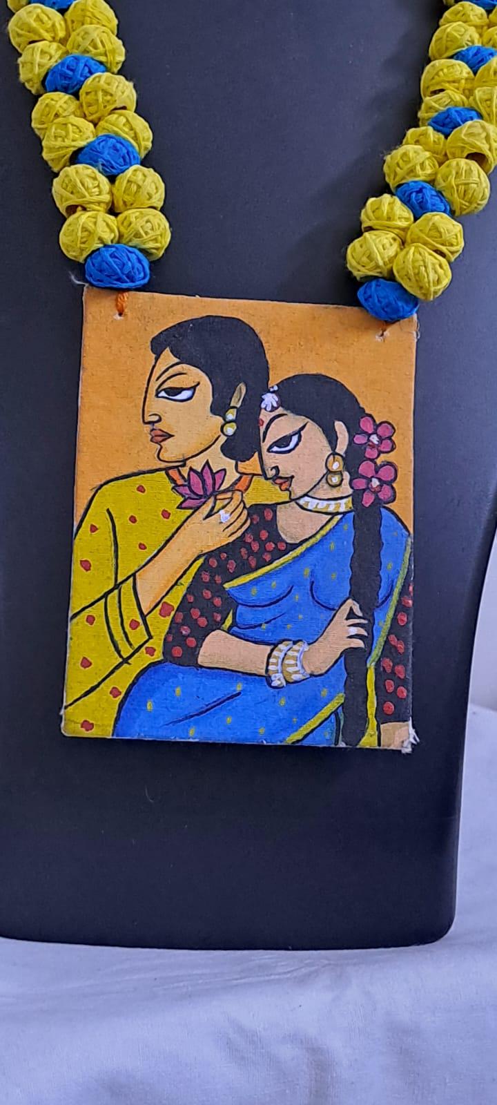 Handpainted fabric necklace set with earrings