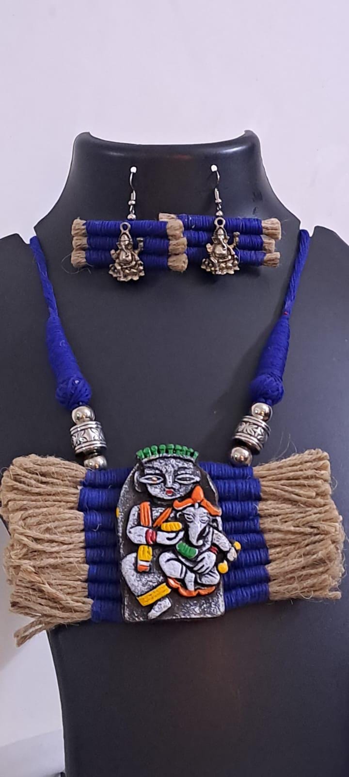 Terracotta Ganesha & Parvati pendant jute necklace set with matching earrings