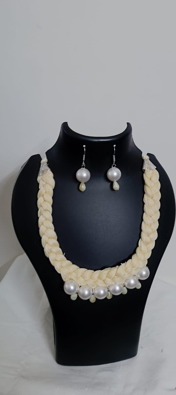 Offwhite braided thread necklace with pearl n pearl danglers