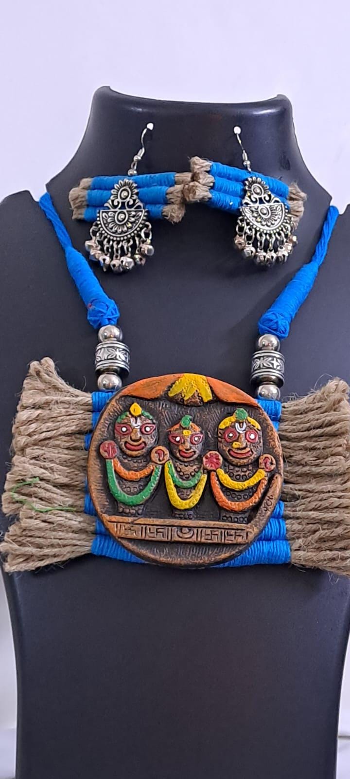 Terracotta Lord Jagannath pendant jute necklace set with matching earrings