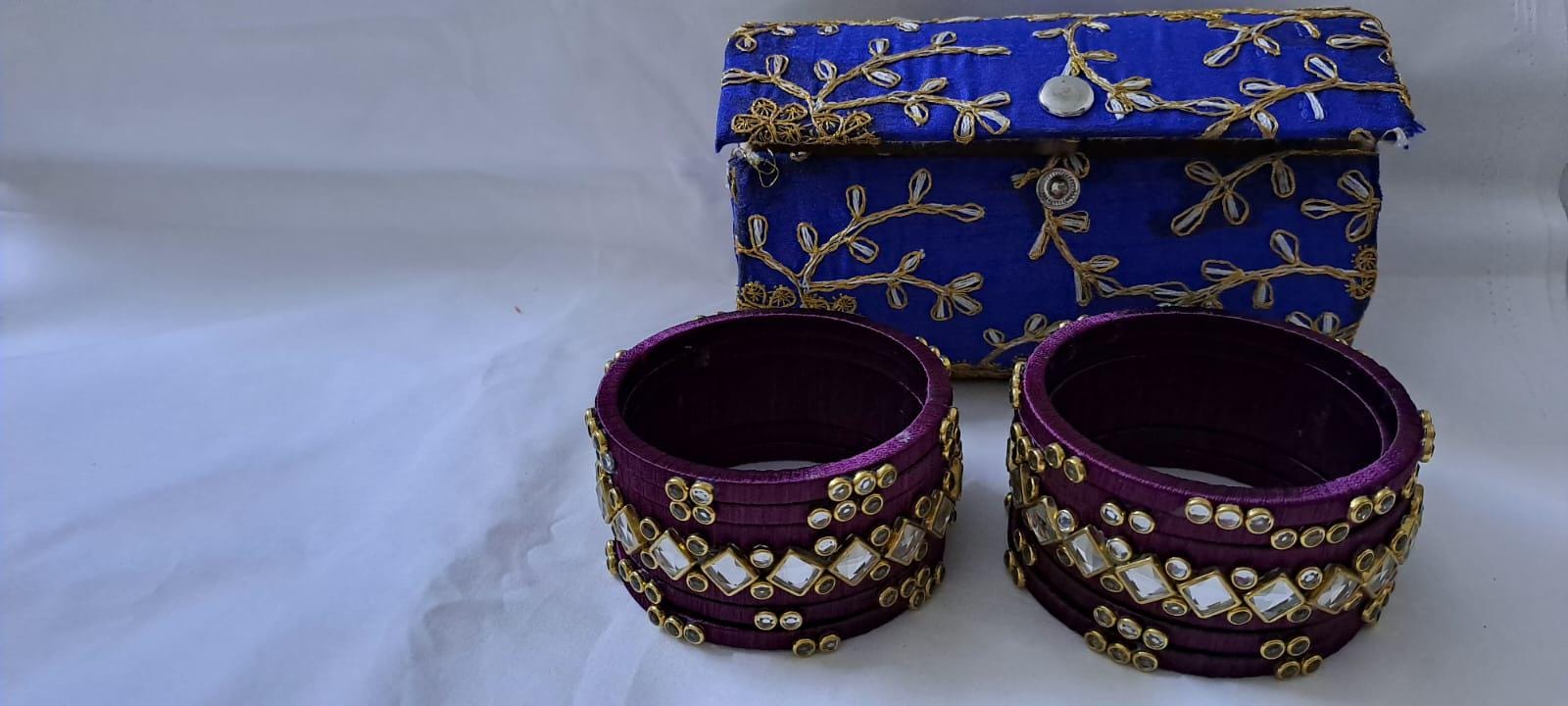 Purple colour traditional thread kundan bangles with zari bangle box