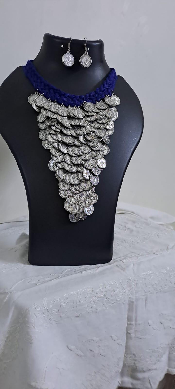Braided blue choker necklace set with multi layered fringes n matching earrings