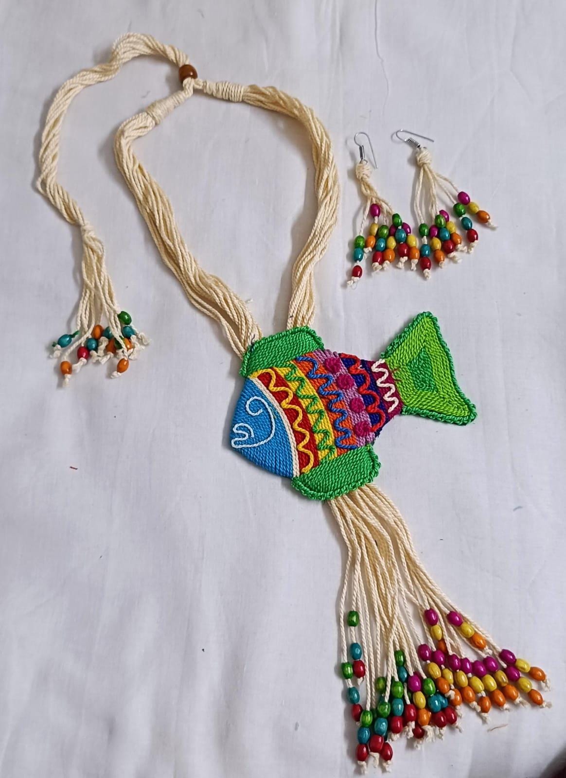 Multi colour thread fish pendant Jewellery. set with matching thread earrings