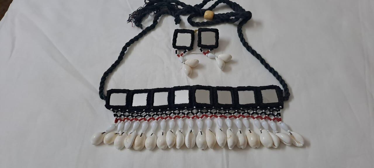 Handmade Kutch Glass work choker necklace with beads n shell fringes and glass work earrings