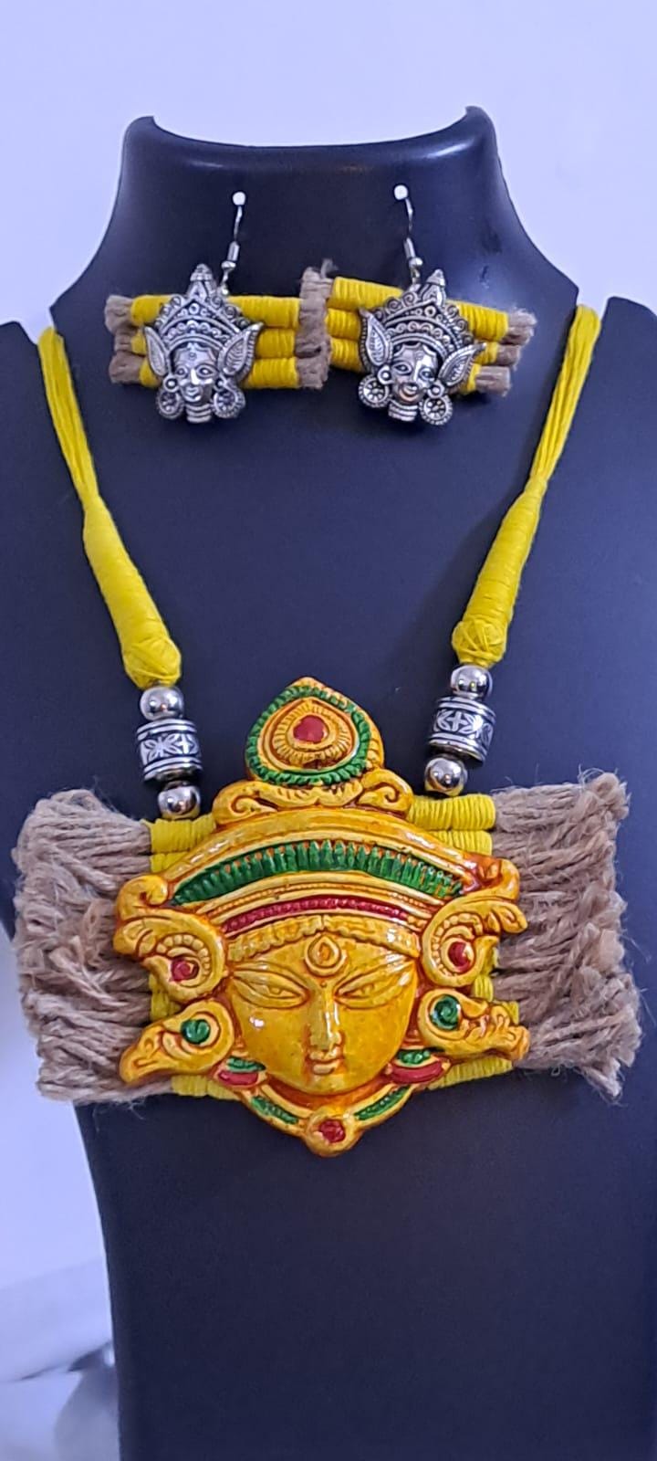 Terracotta Durga pendant jute necklace set with matching earrings