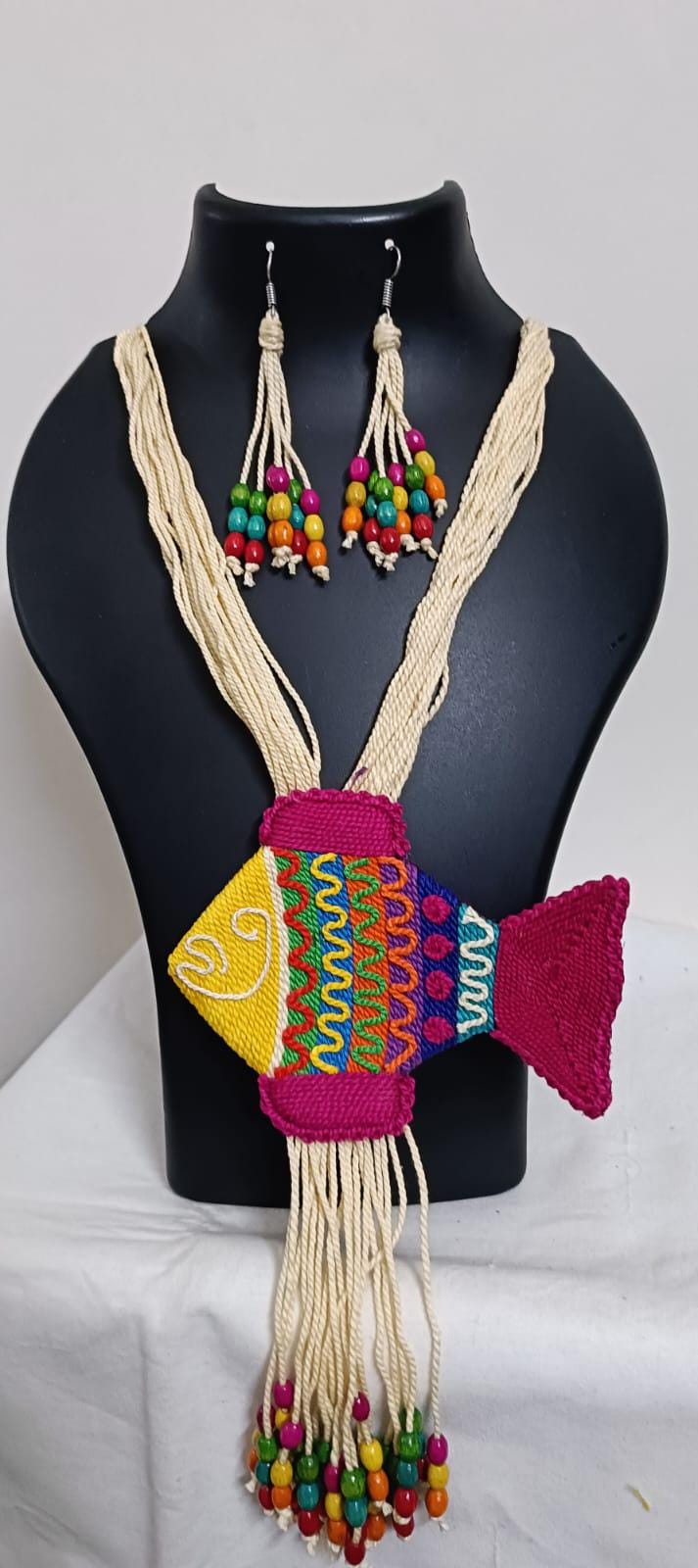 Multi colour thread fish pendant Jewellery. set with matching thread earrings