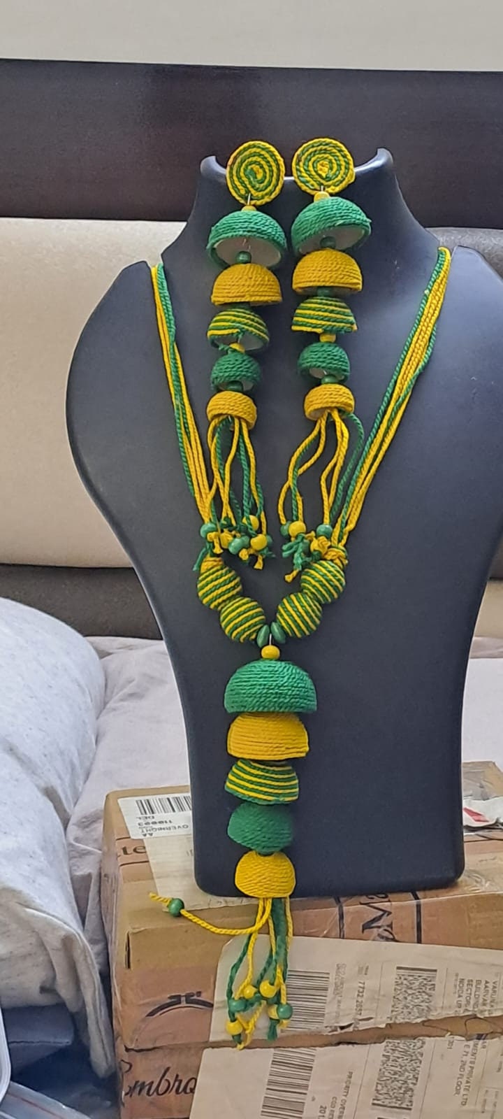 Yellow and Green thread necklace with matching thread earrings.