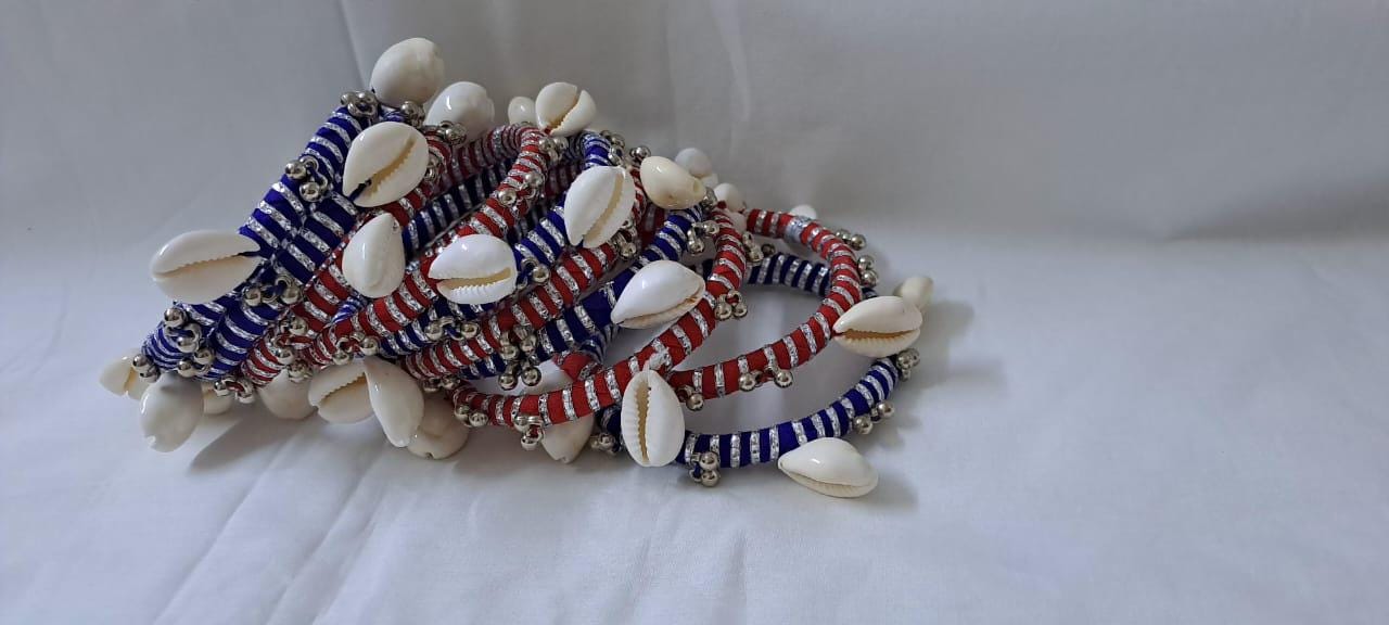 Red and blue colour traditional zari thread and kori bangles (set of 10 bangles)