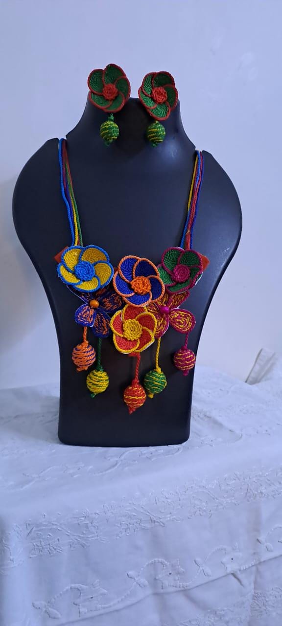 Multi colour flower thread necklace with thread bead fringes and matching earrings