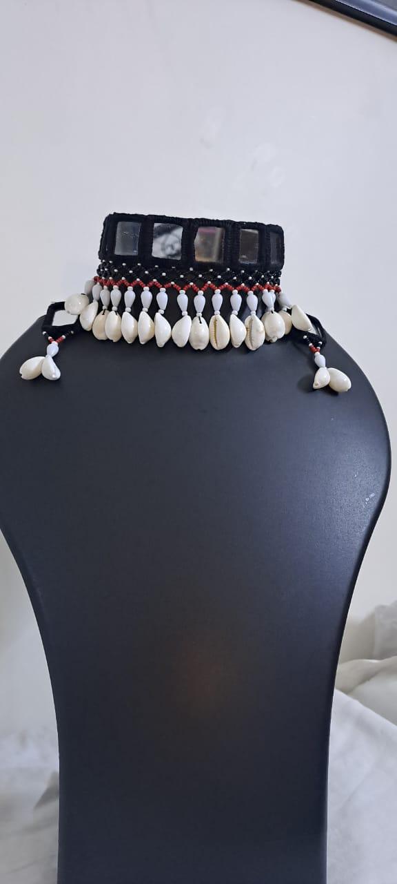 Handmade Kutch Glass work choker necklace with beads n shell fringes and glass work earrings