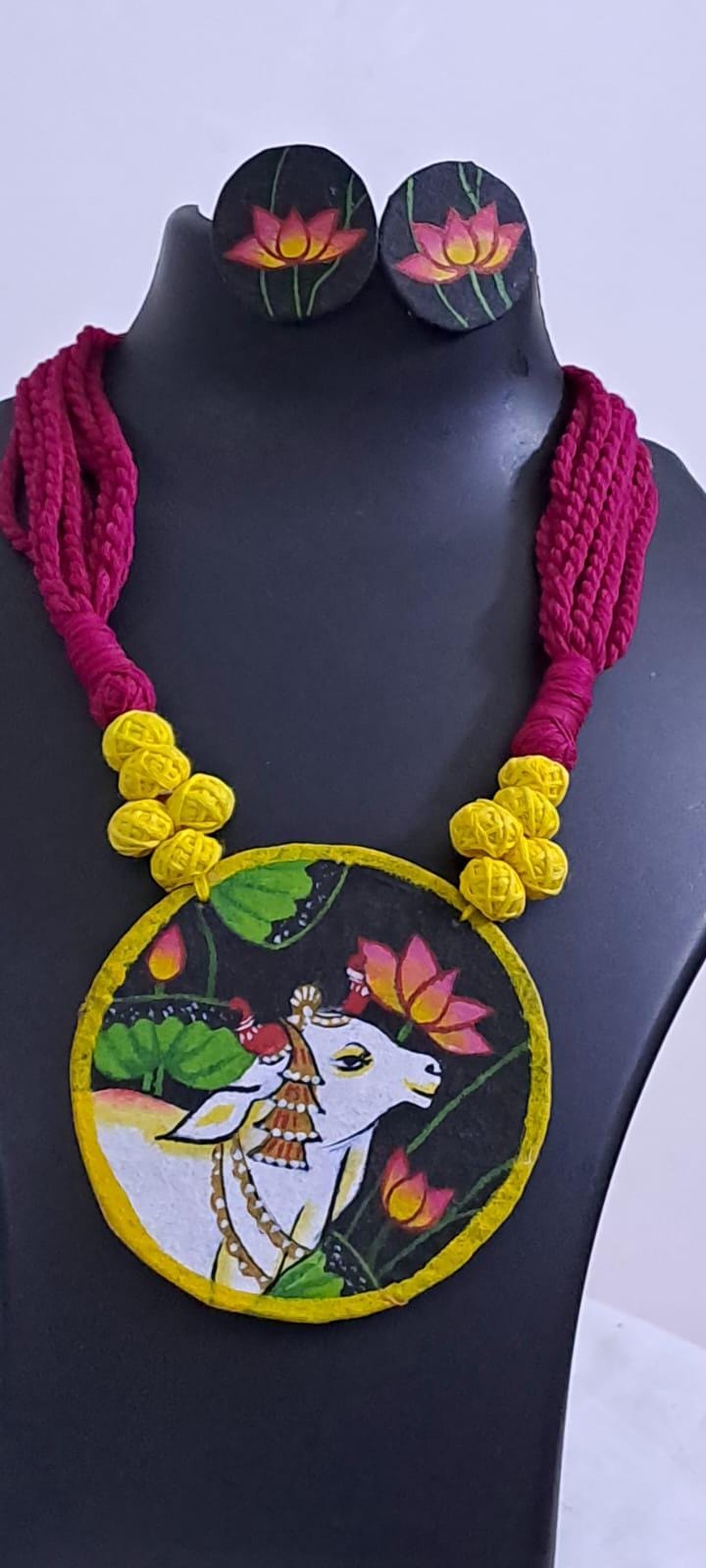 Handpainted fabric jewellery set with matching earrings