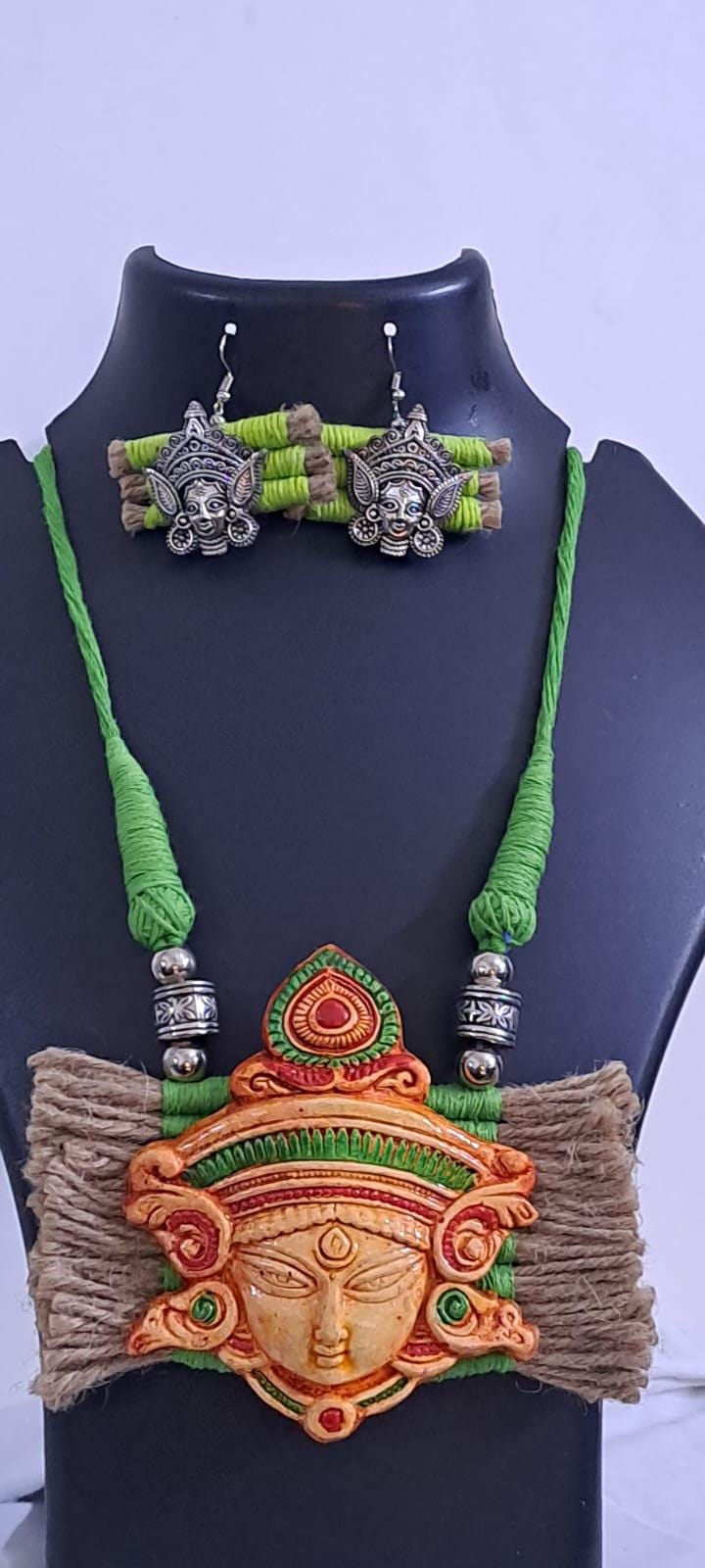 Terracotta Durga pendant jute necklace set with matching earrings
