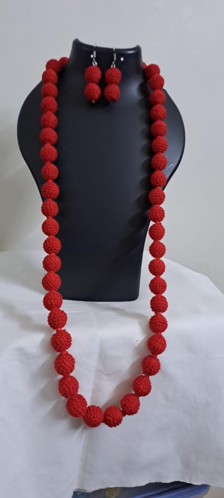 Exclusive red colour thread beads long necklace set with matching earrings