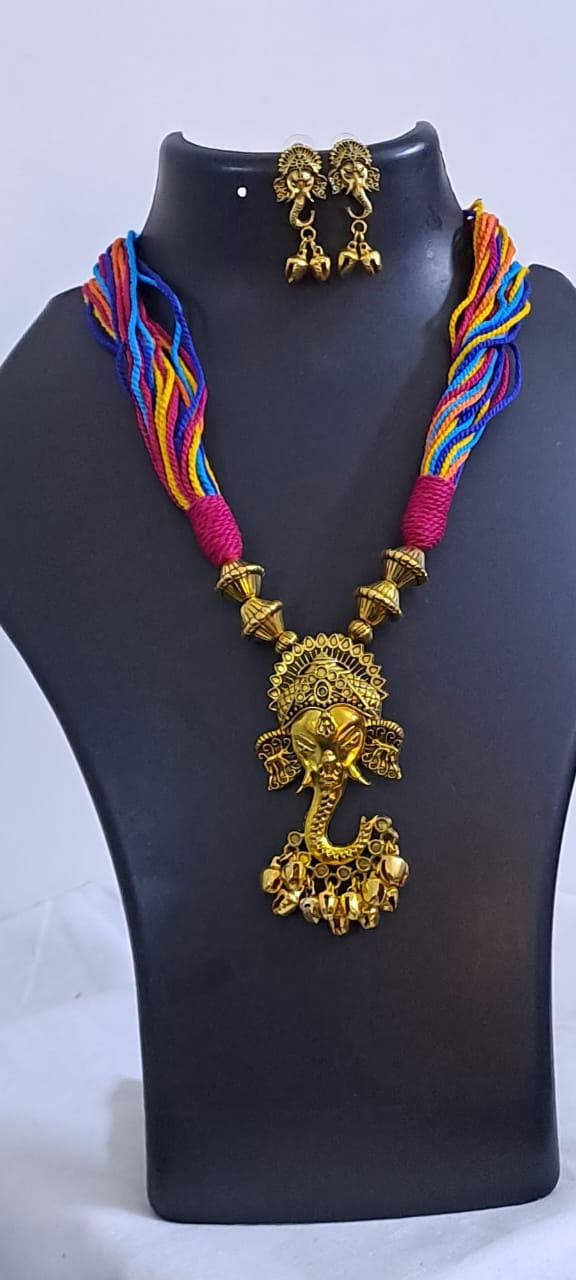Multicoloured thread necklace with Golden oxidised traditional pendant