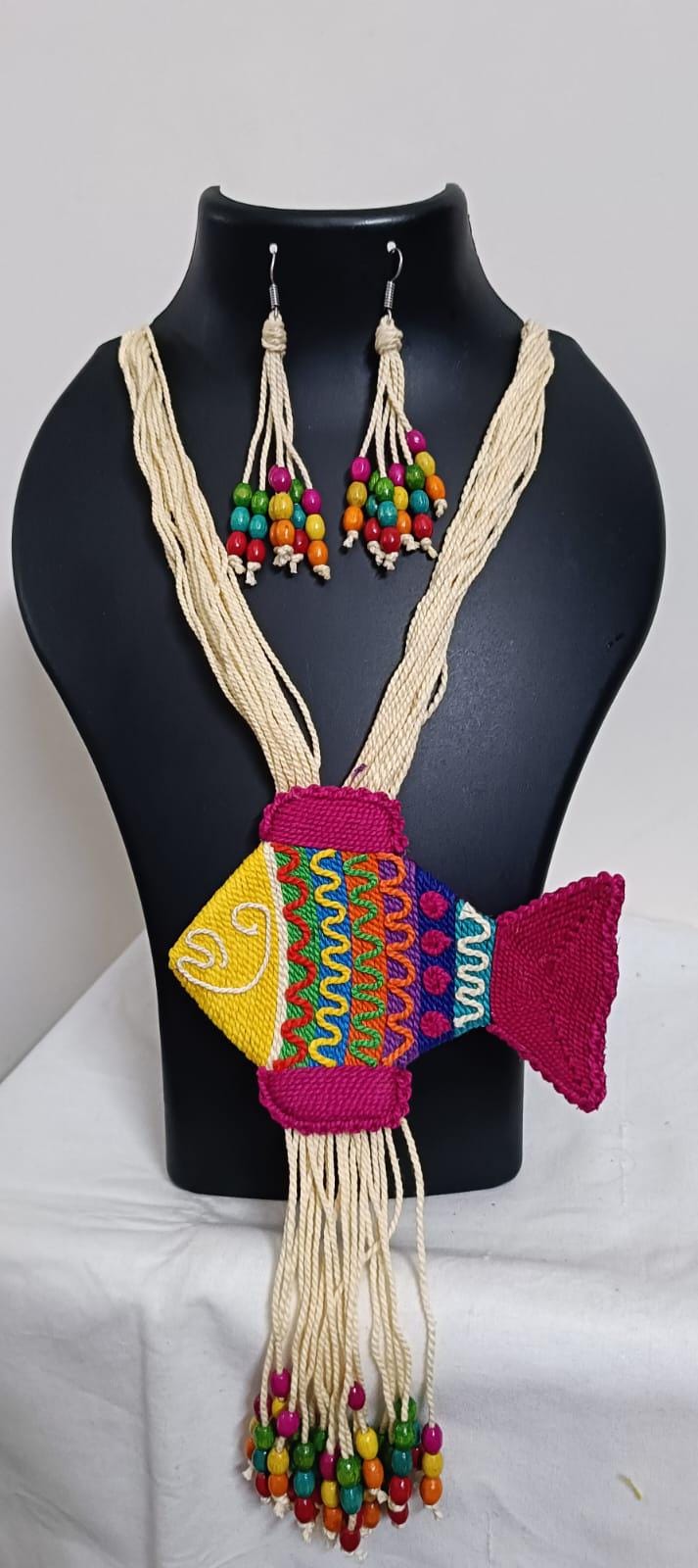 Multi colour thread fish pendant Jewellery. set with matching thread earrings