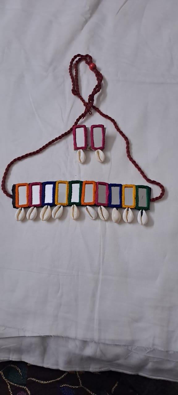 Handmade Kutch Glass work choker necklace with glass work earrings