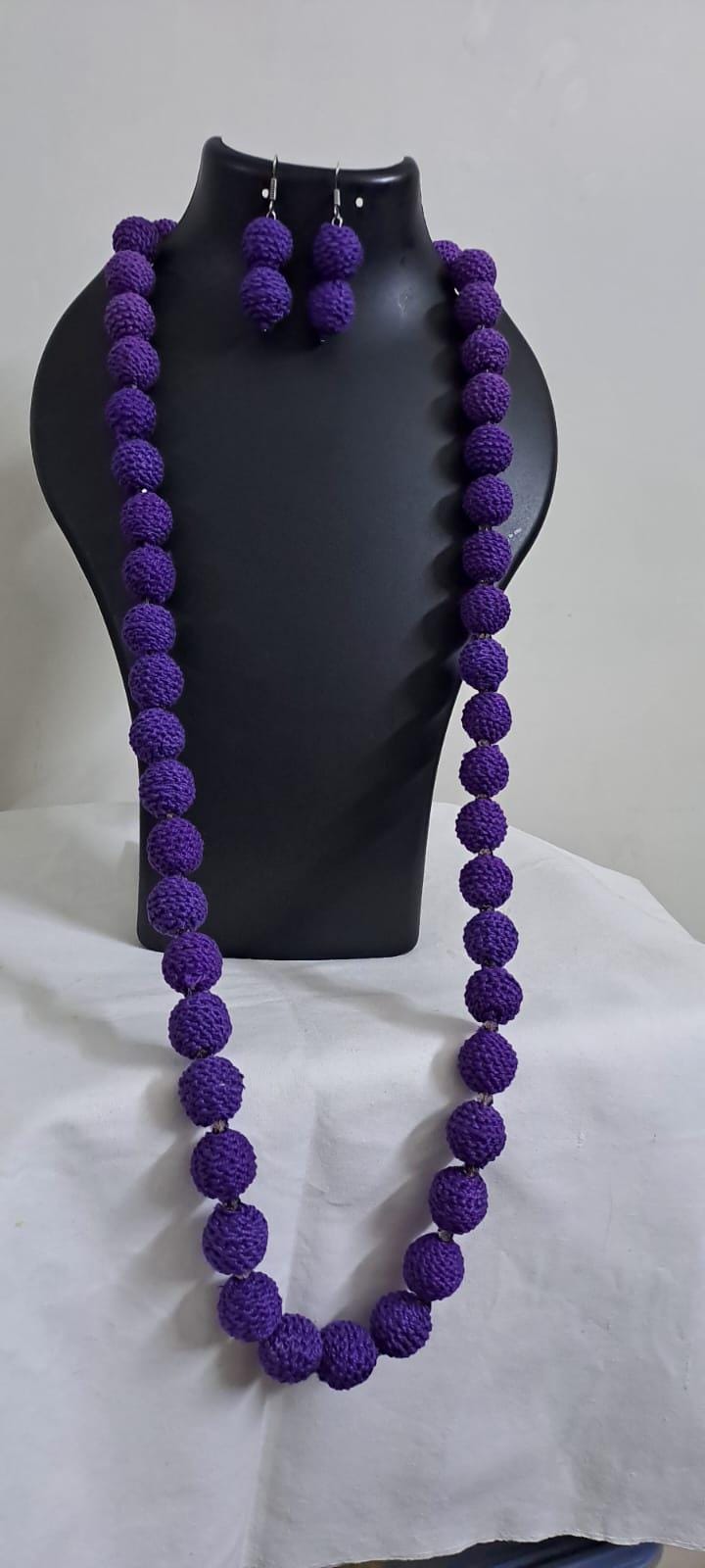 Exclusive purple colour thread beads long necklace set with matching earrings