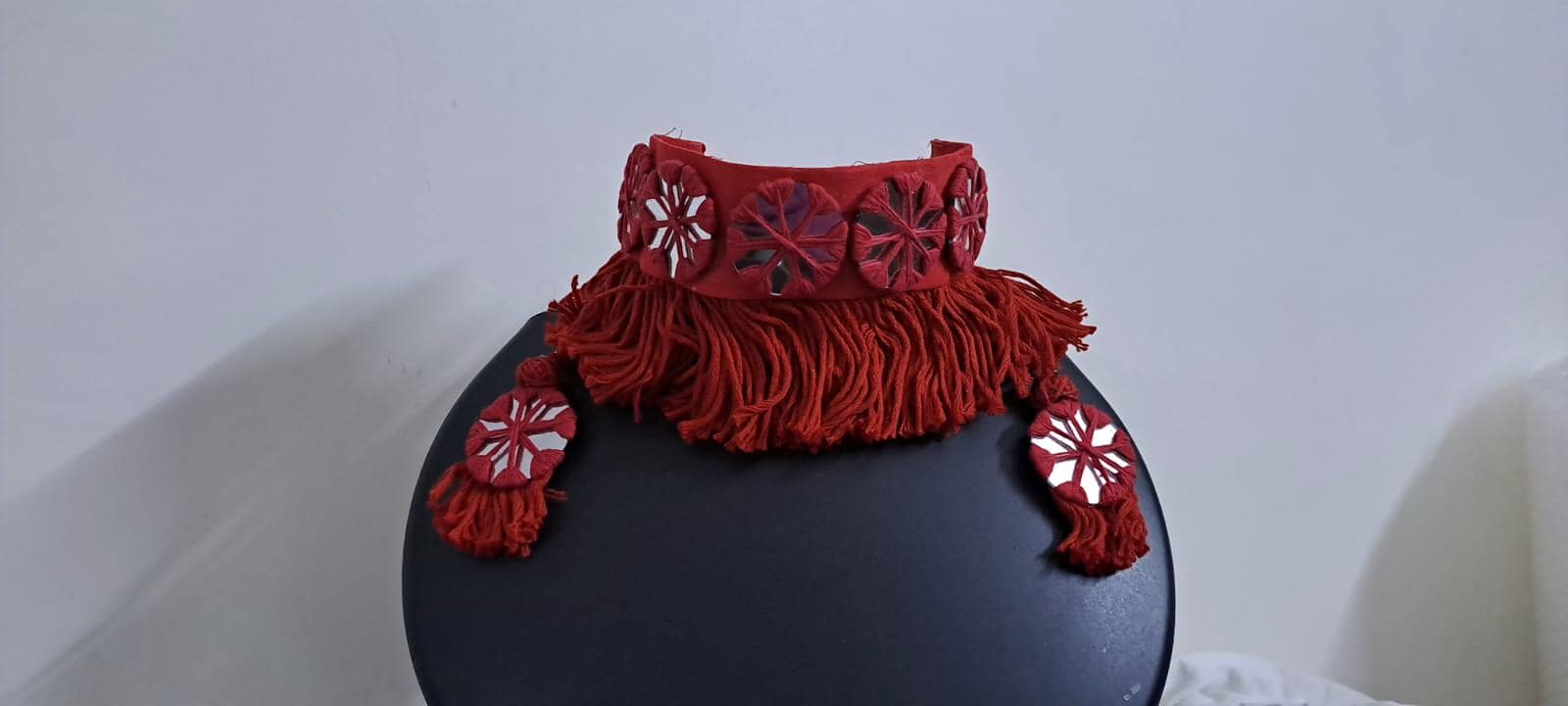 Red thread n Glass work handmade choker necklace with glass work earrings