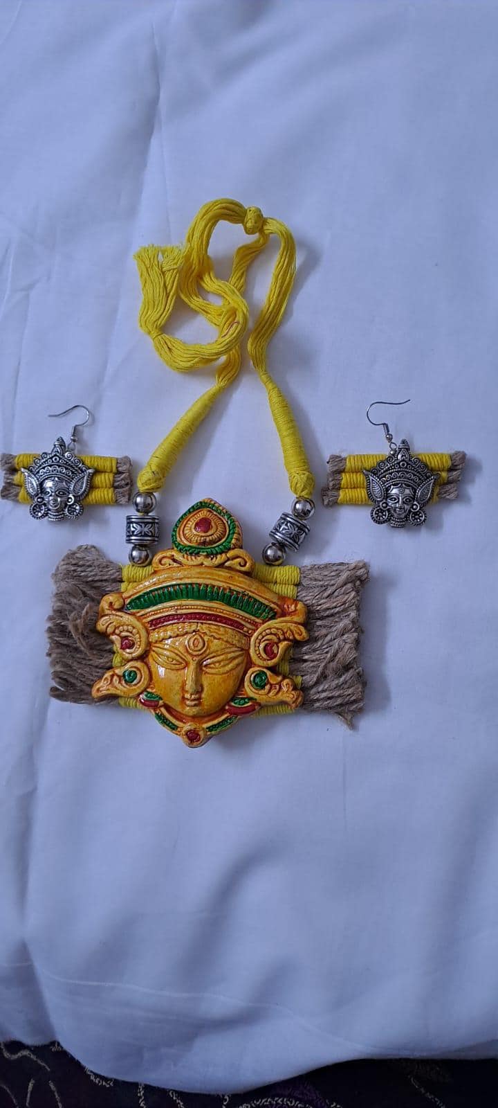 Terracotta Durga pendant jute necklace set with matching earrings