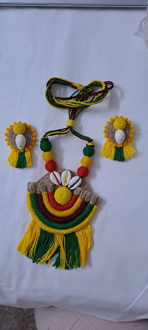 Exclusive multicoloured thread necklace set with jute n thread pendant n matching earrings