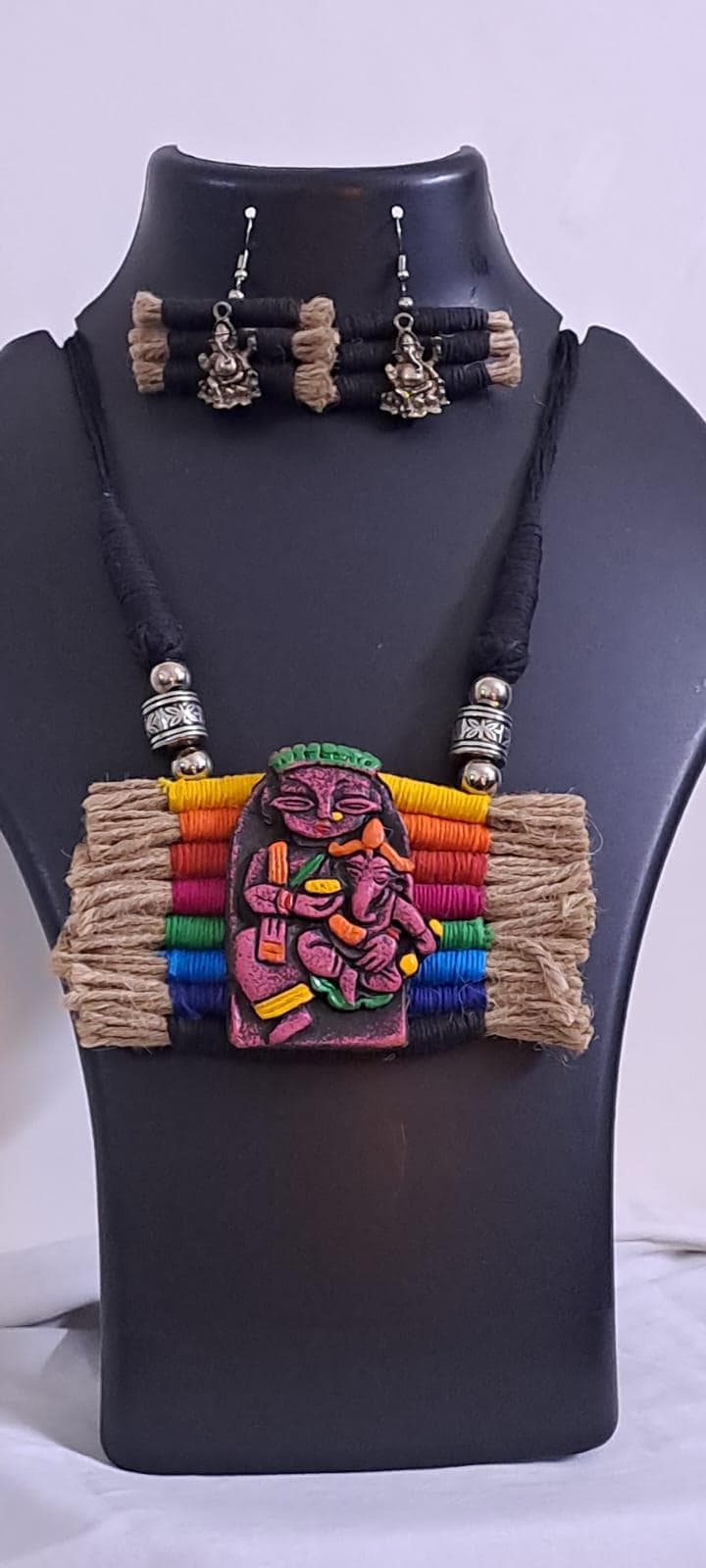 Terracotta Ganesha & Parvati pendant jute necklace set with matching earrings