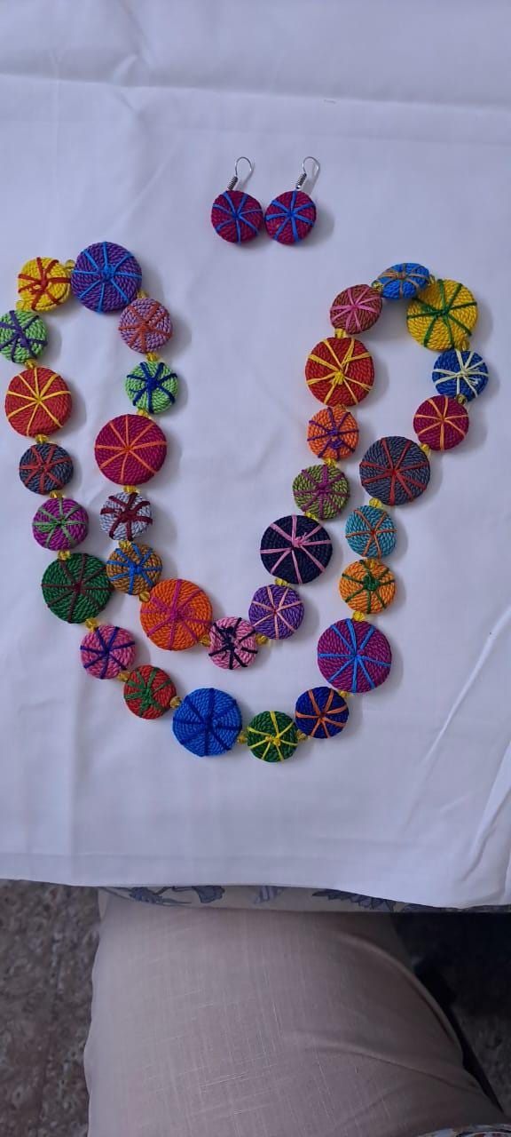 Exclusive multicoloured flat thread beads long necklace set with matching earrings (pink)