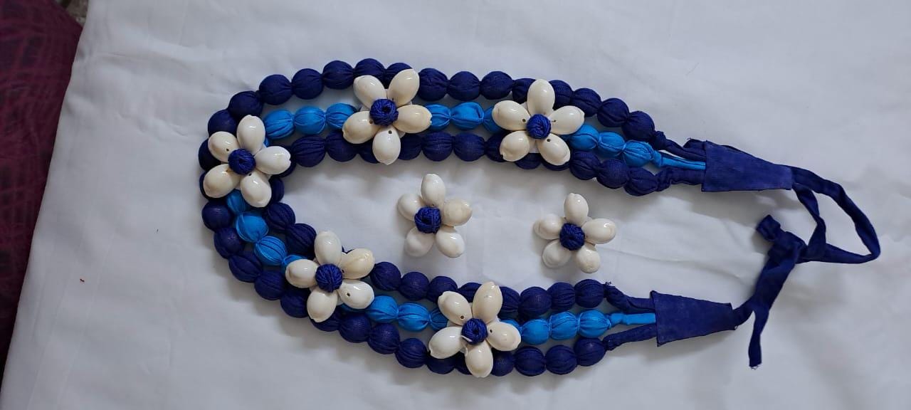Exclusive multi-layered blue fabric necklace with shells n matching earrings