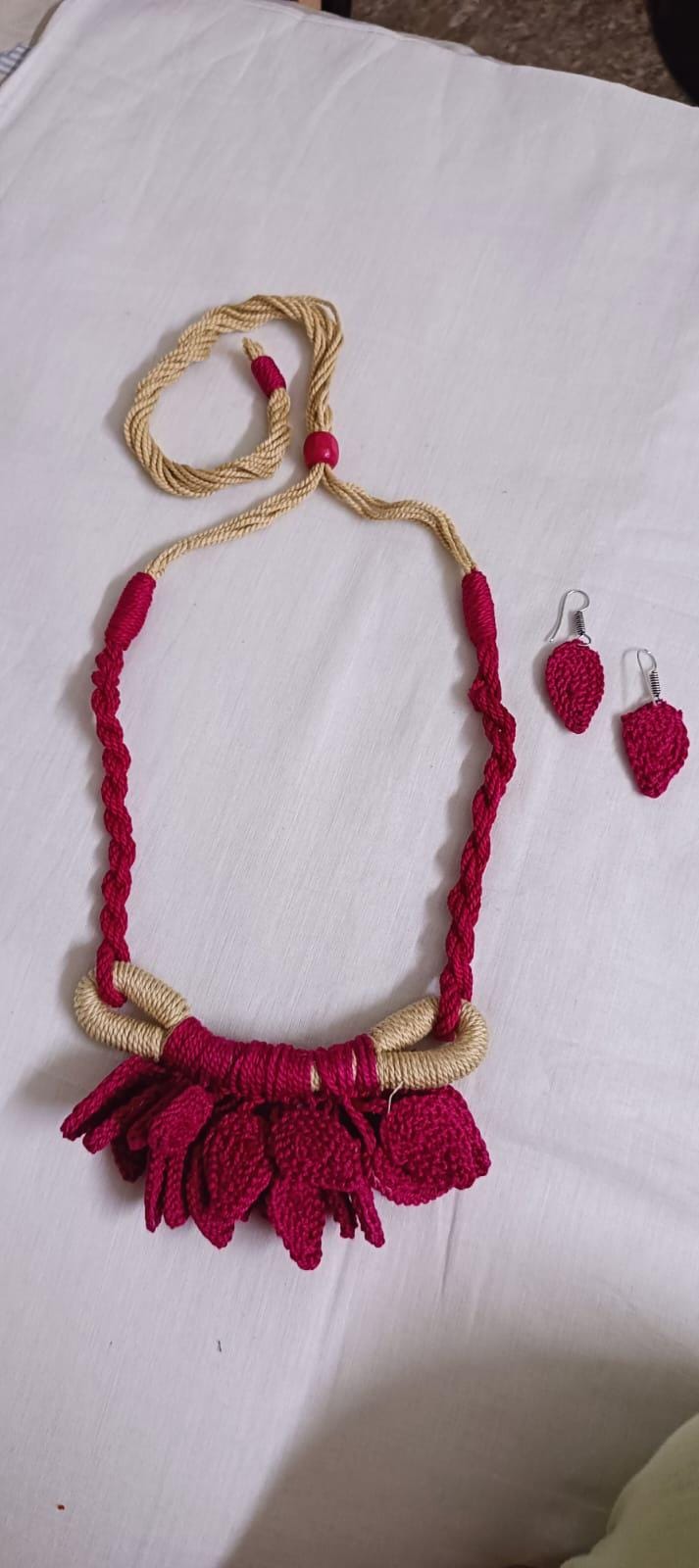 Pink Crochet thread necklace set with leaf fringes and matching earrings