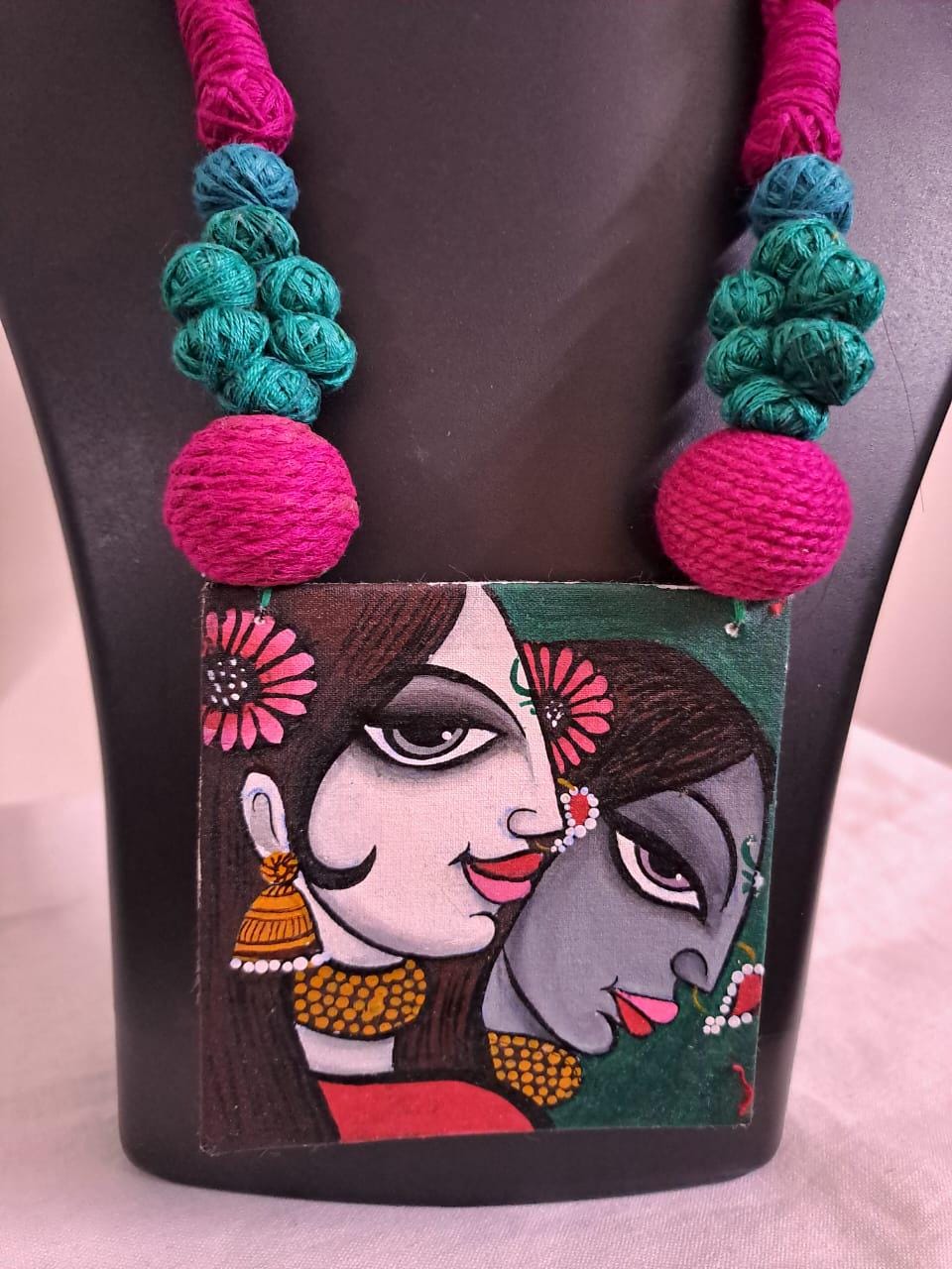 Handpainted fabric jewellery set with matching earrings