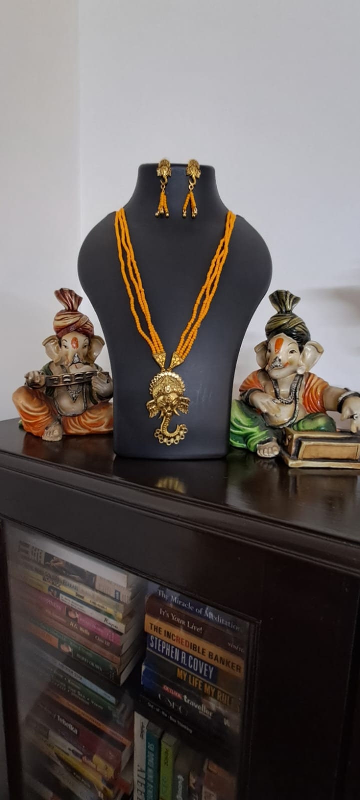 Orange seed beads necklace with Lord Ganesha pendant
