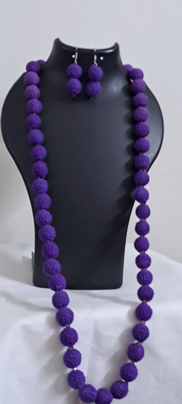 Exclusive purple colour thread beads long necklace set with matching earrings