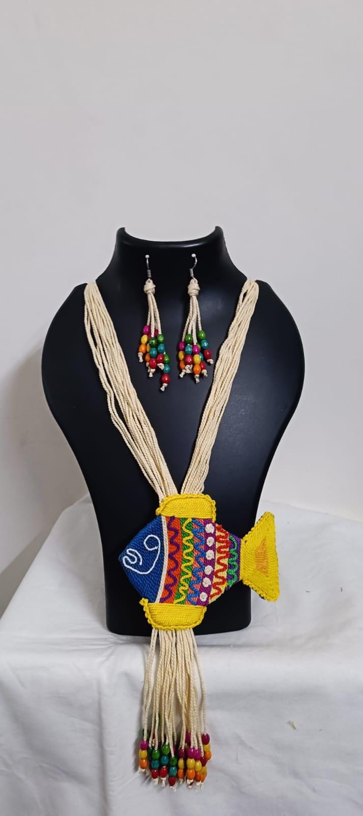Multi colour thread fish pendant Jewellery. set with matching thread earrings