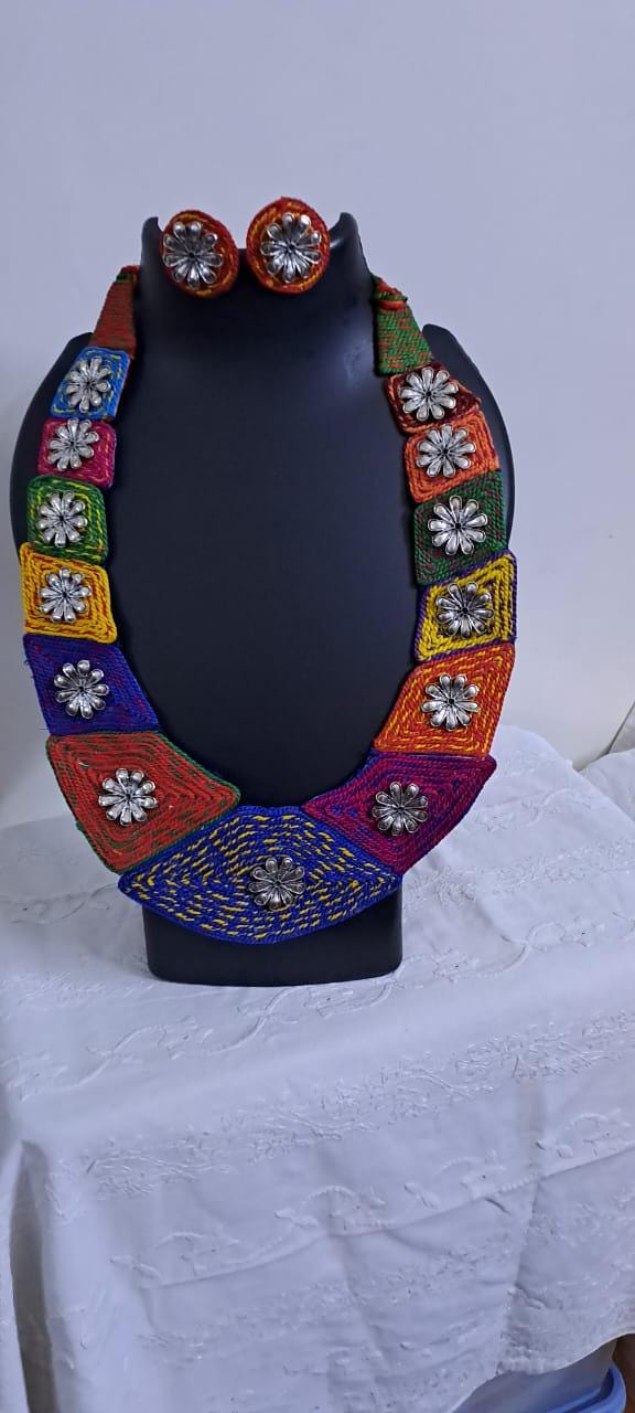 Exclusive  necklace set with multiple thread n  silver oxidised pendants n matching earrings