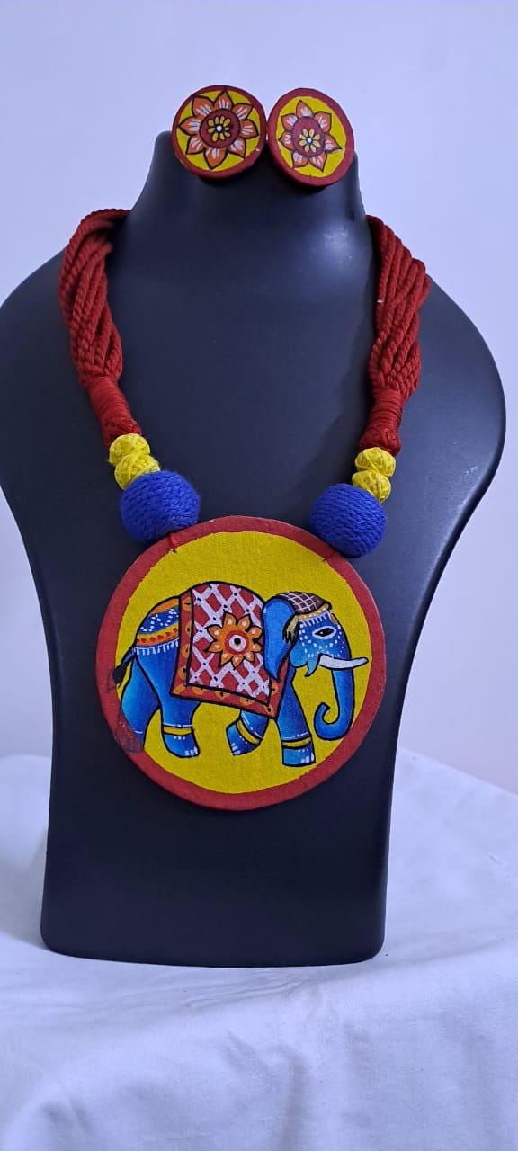 Handpainted fabric jewellery set with matching earrings