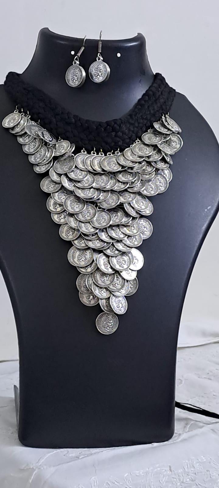 Braided black choker necklace set with multi layered fringes n matching earrings