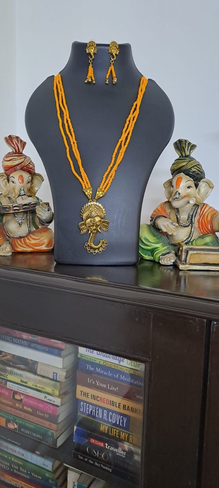 Orange seed beads necklace with Lord Ganesha pendant