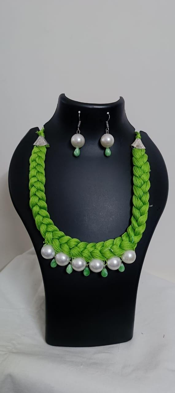 Green  braided thread necklace with pearl n pearl danglers