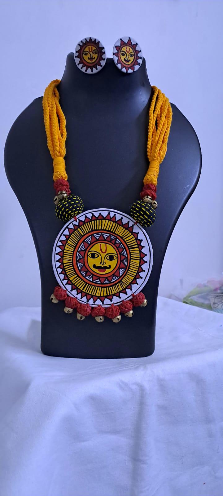 Handpainted fabric jewellery set with matching earrings