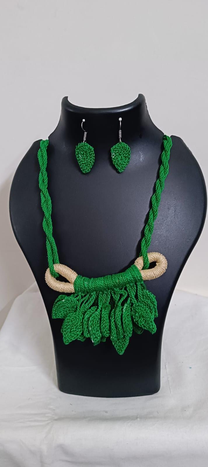Green Crochet thread necklace set with leaf fringes and matching earrings