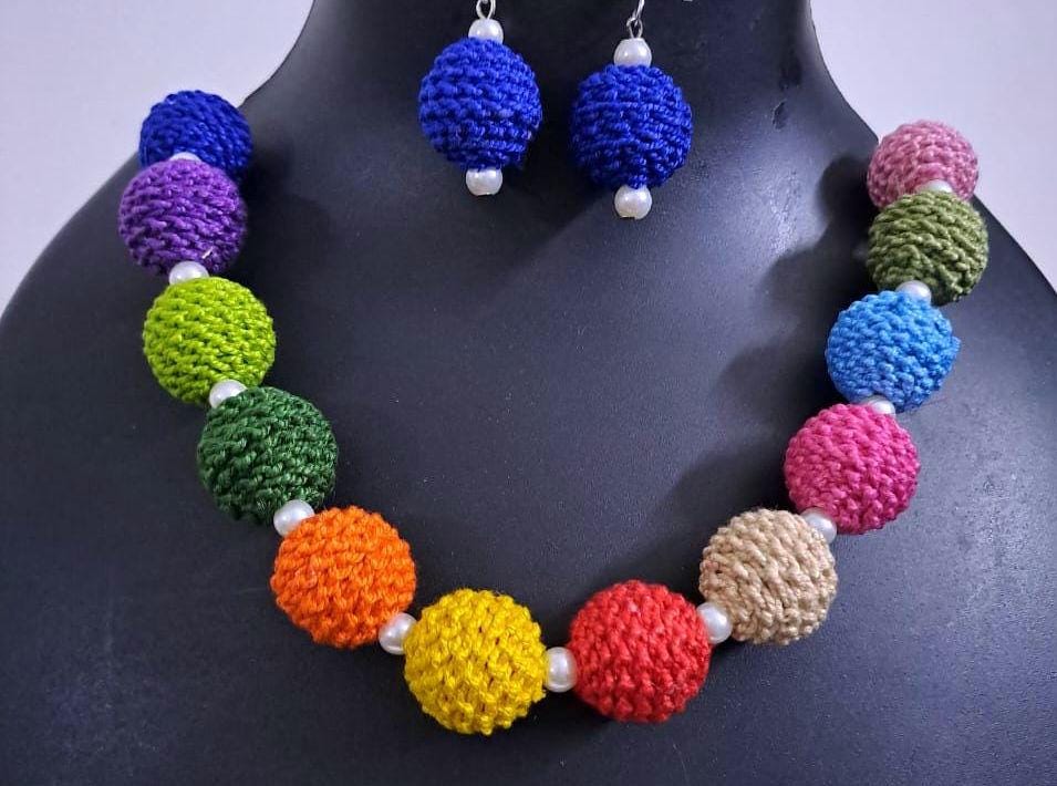 Crochet thread beads necklace set with matching earrings