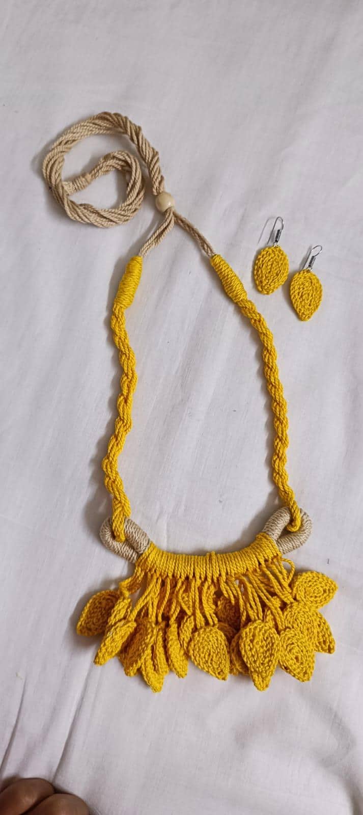 Yellow Crochet thread necklace set with leaf fringes and matching earrings
