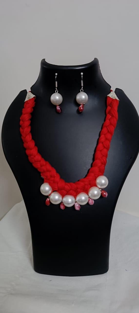 Red  braided thread necklace with pearl n pearl danglers